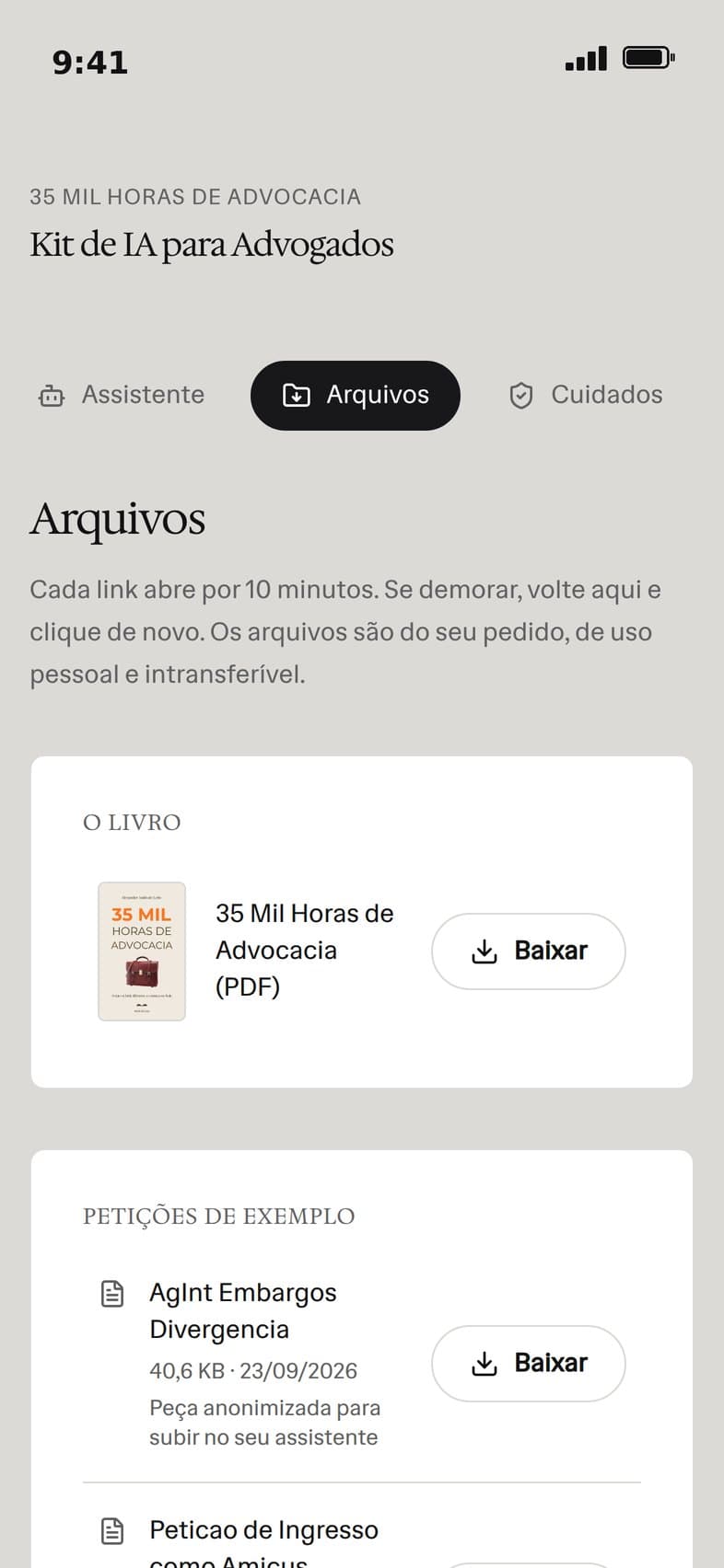Tela de arquivos da área do kit no celular