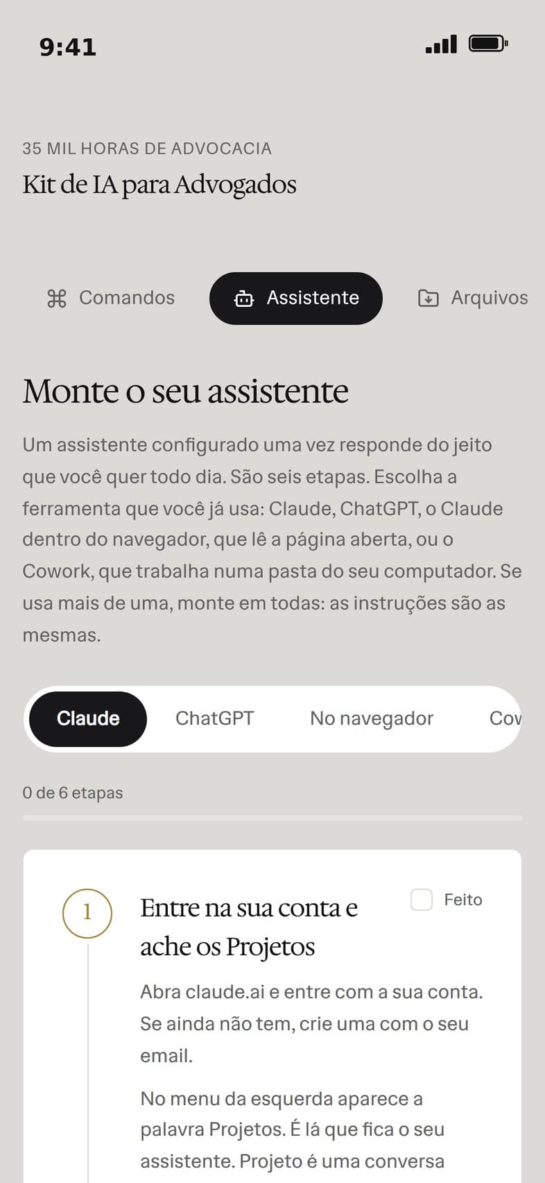 Tela do passo a passo do assistente no celular