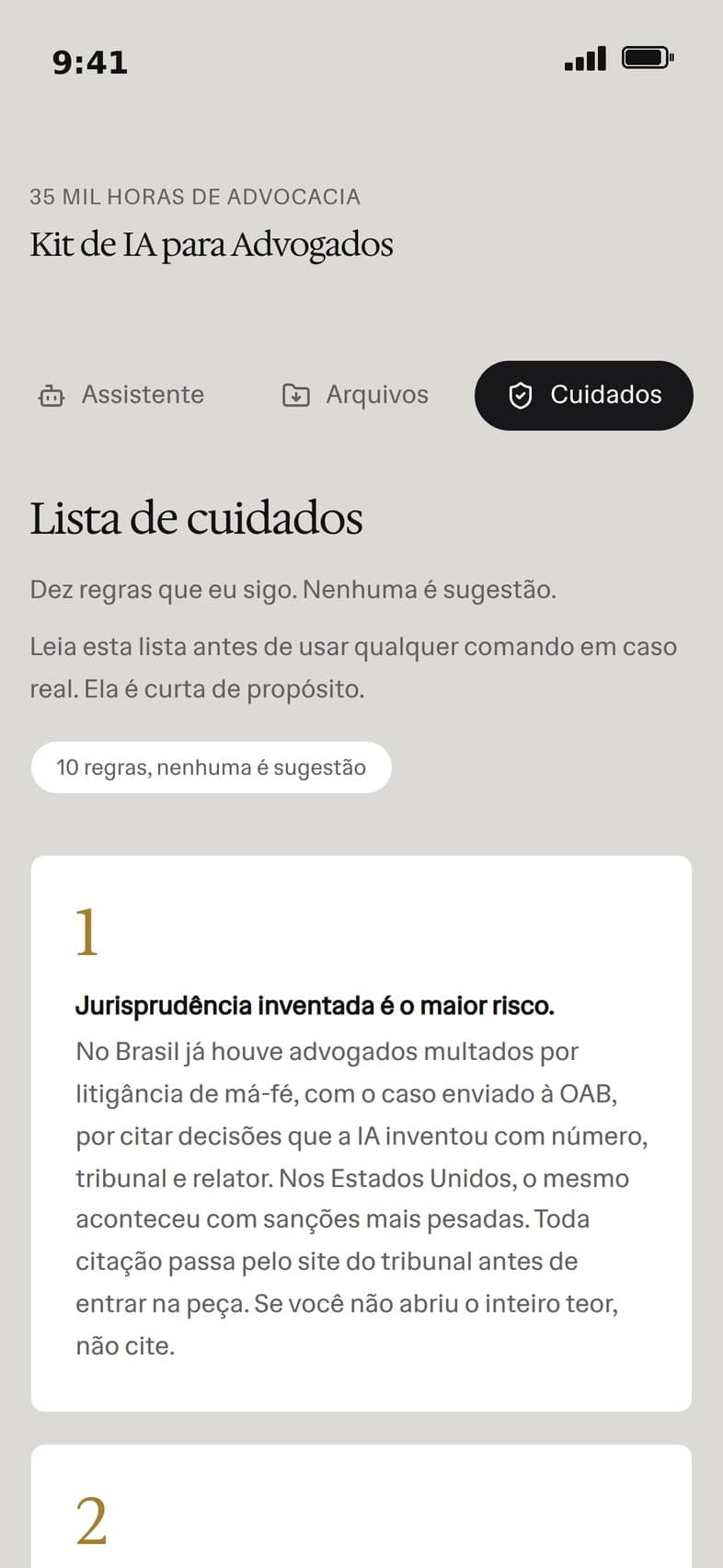 Tela dos cuidados do kit no celular