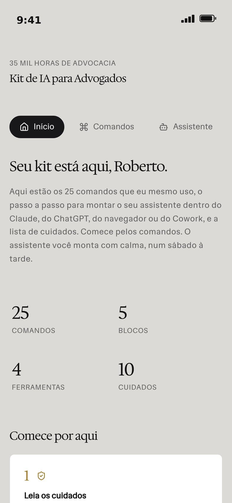 Tela inicial da área do kit no celular